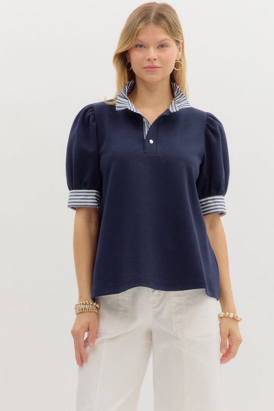 Navy Belle Puff Sleeve Top