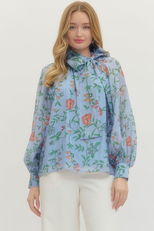 Blue Floral Bow Top