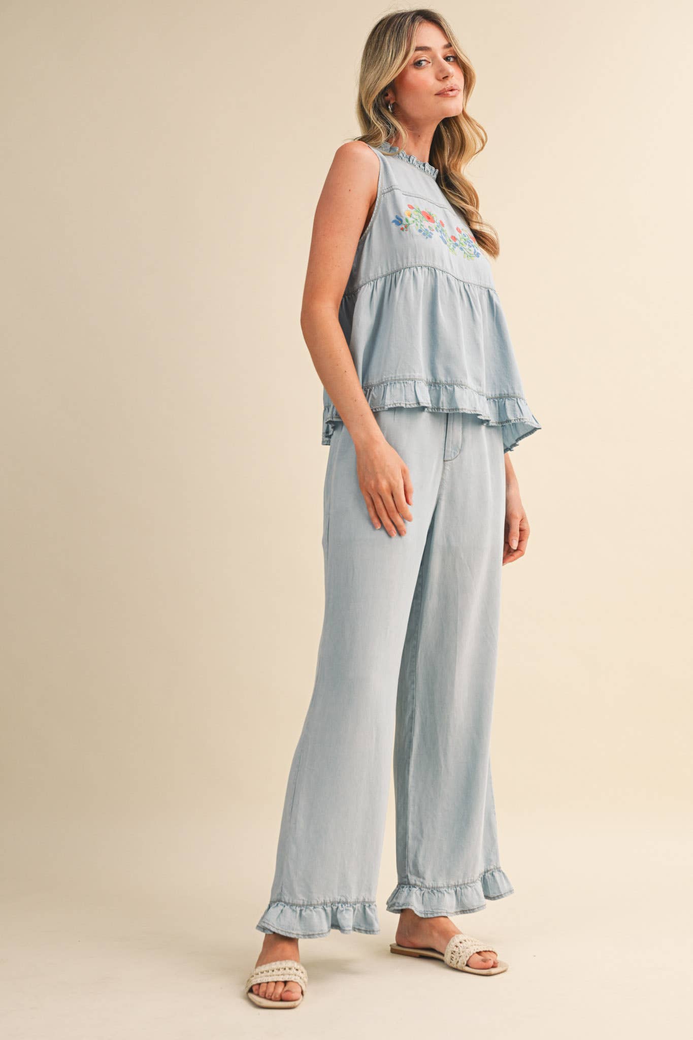 FLORAL EMBROIDERY BABYDOLL TANK AND PANTS SET MPST4831