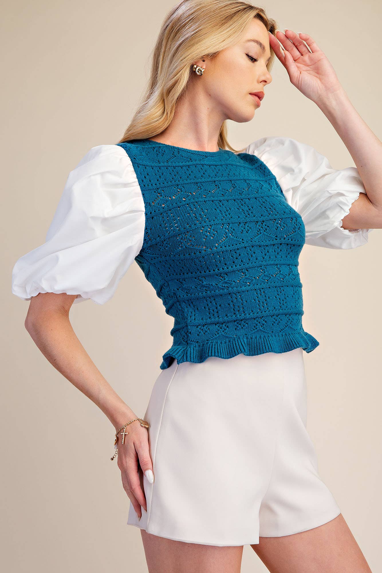 Combination Puff Sleeve Knit Blouse