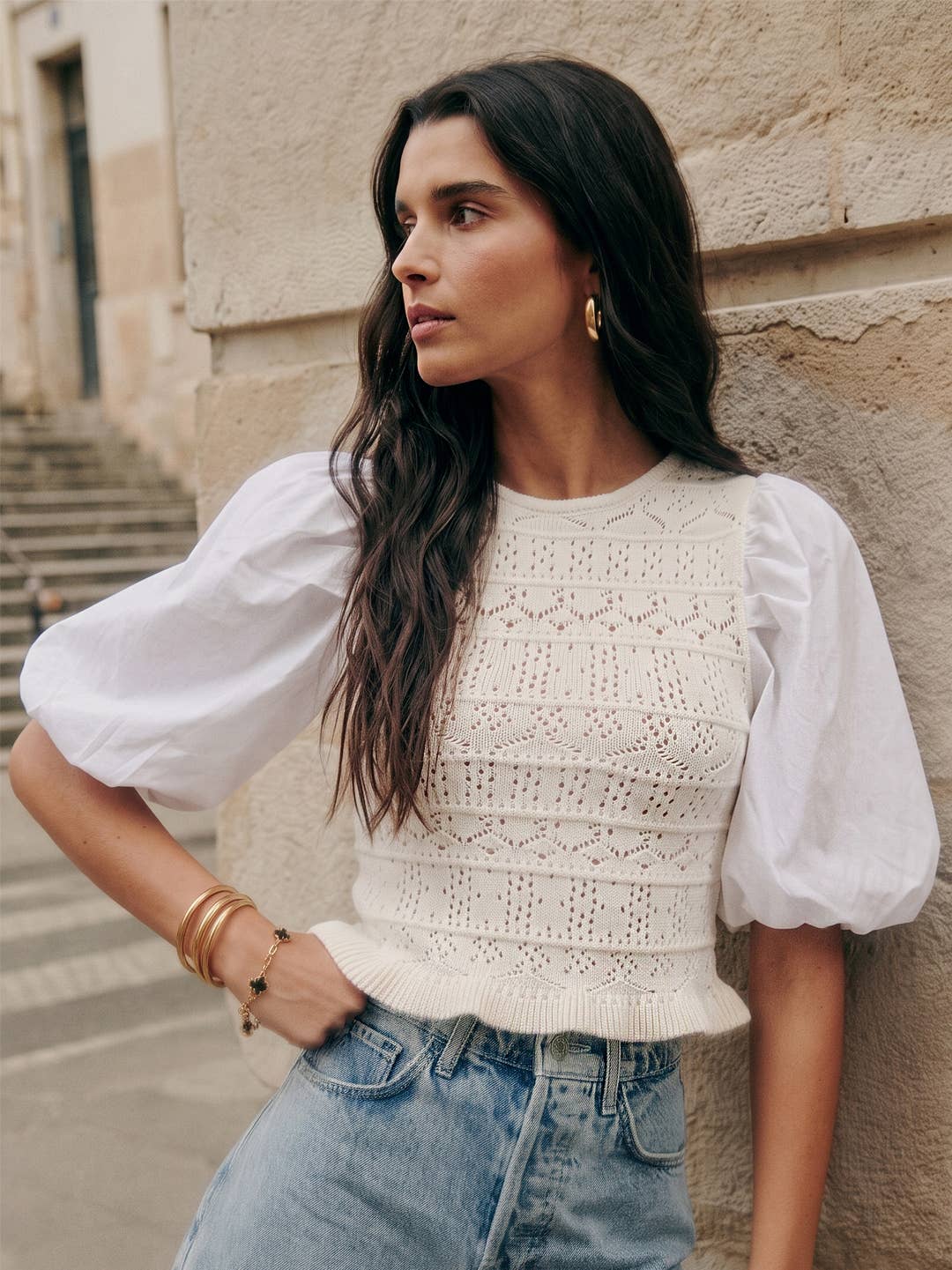 Combo Beige Puff Sleeve Top