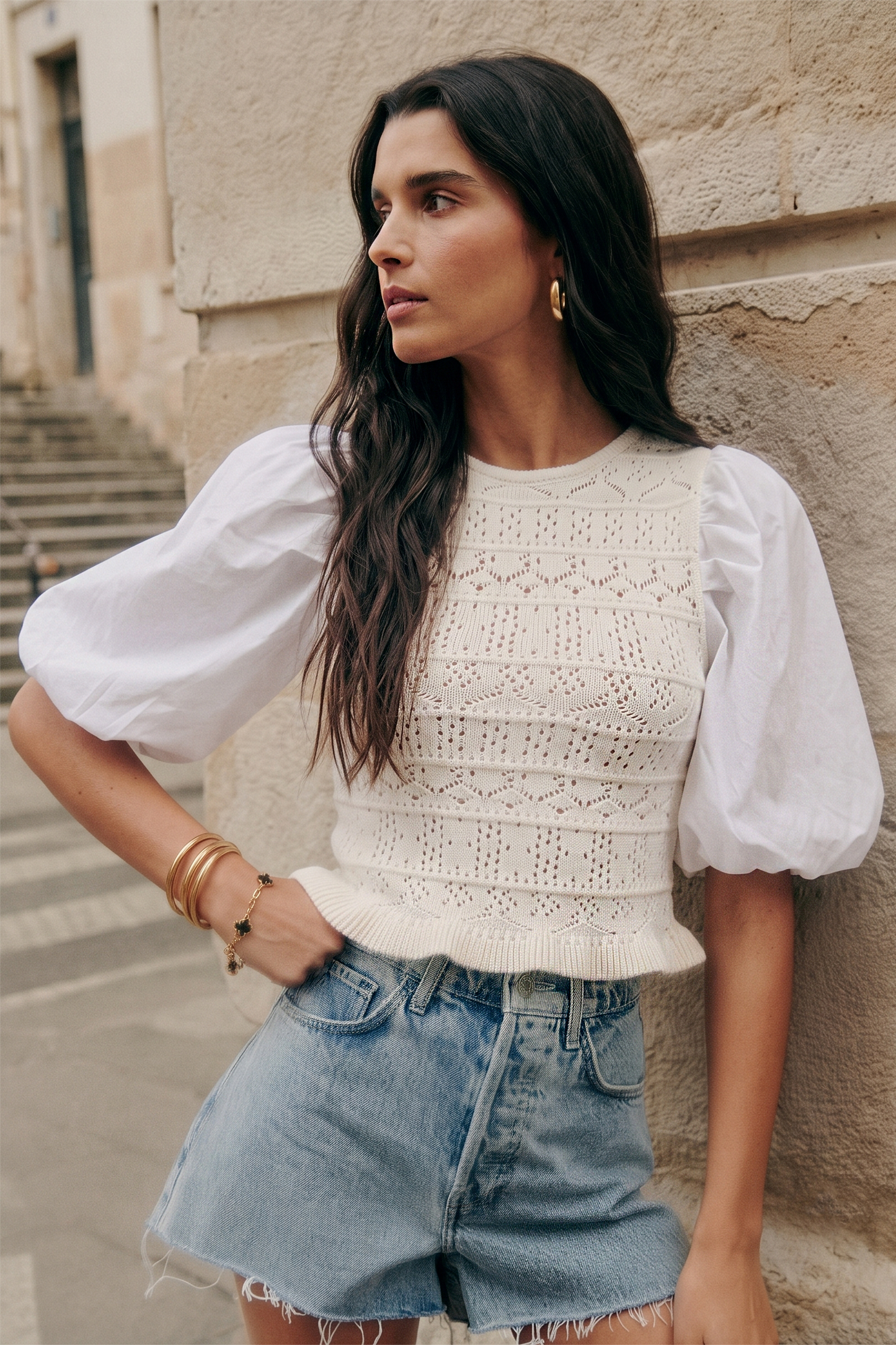 Combination Puff Sleeve Knit Blouse